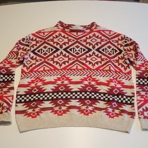 Aztec Tribal Patterned Red and Cream Crewneck Sweater With Western Vibe
